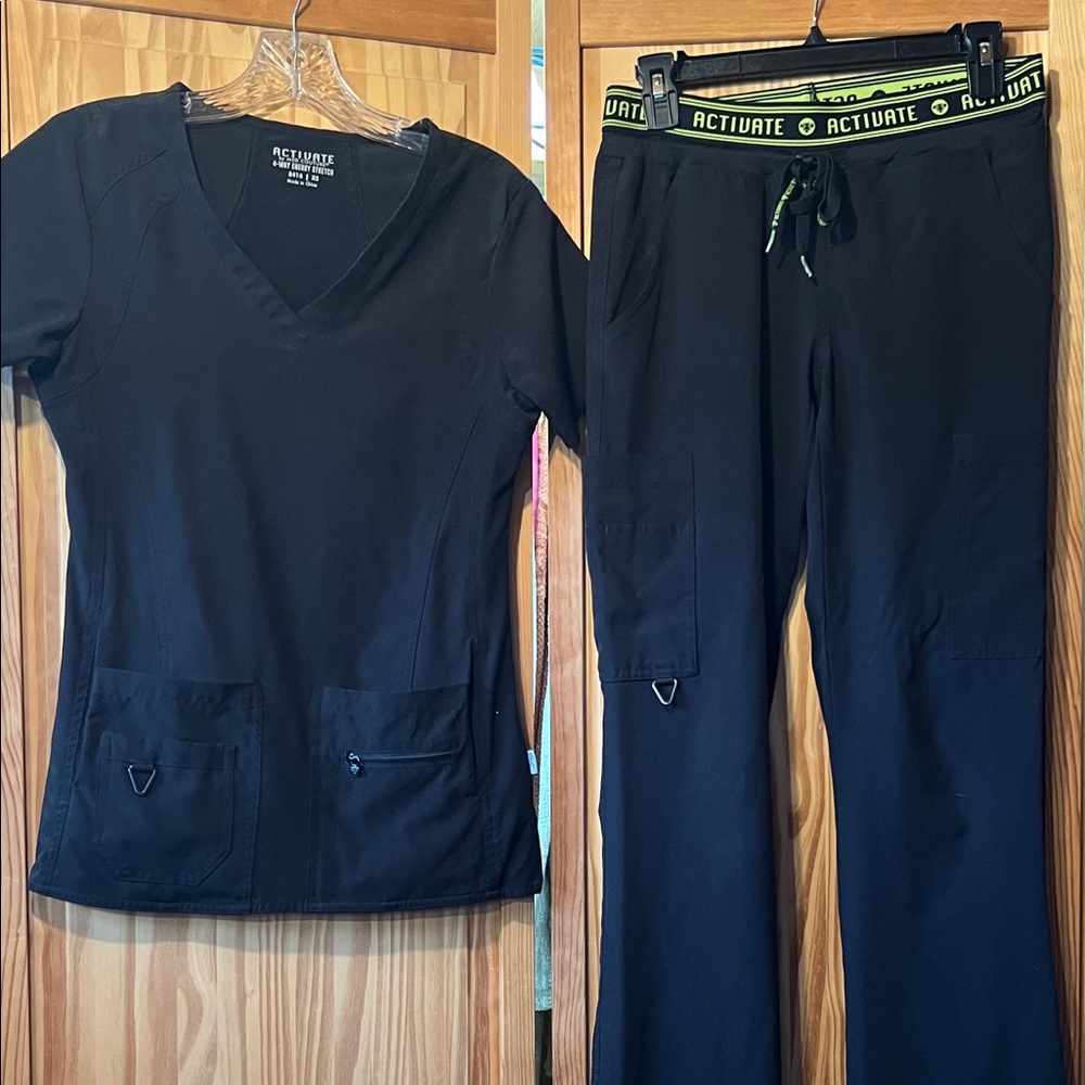 Activate Black V-Neck Scrub Top & Drawstring Pants